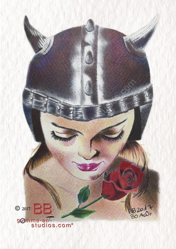 Belinda - Portrait aux stylos bille couleur d'une bikeuse avec une rose sur papier à grain